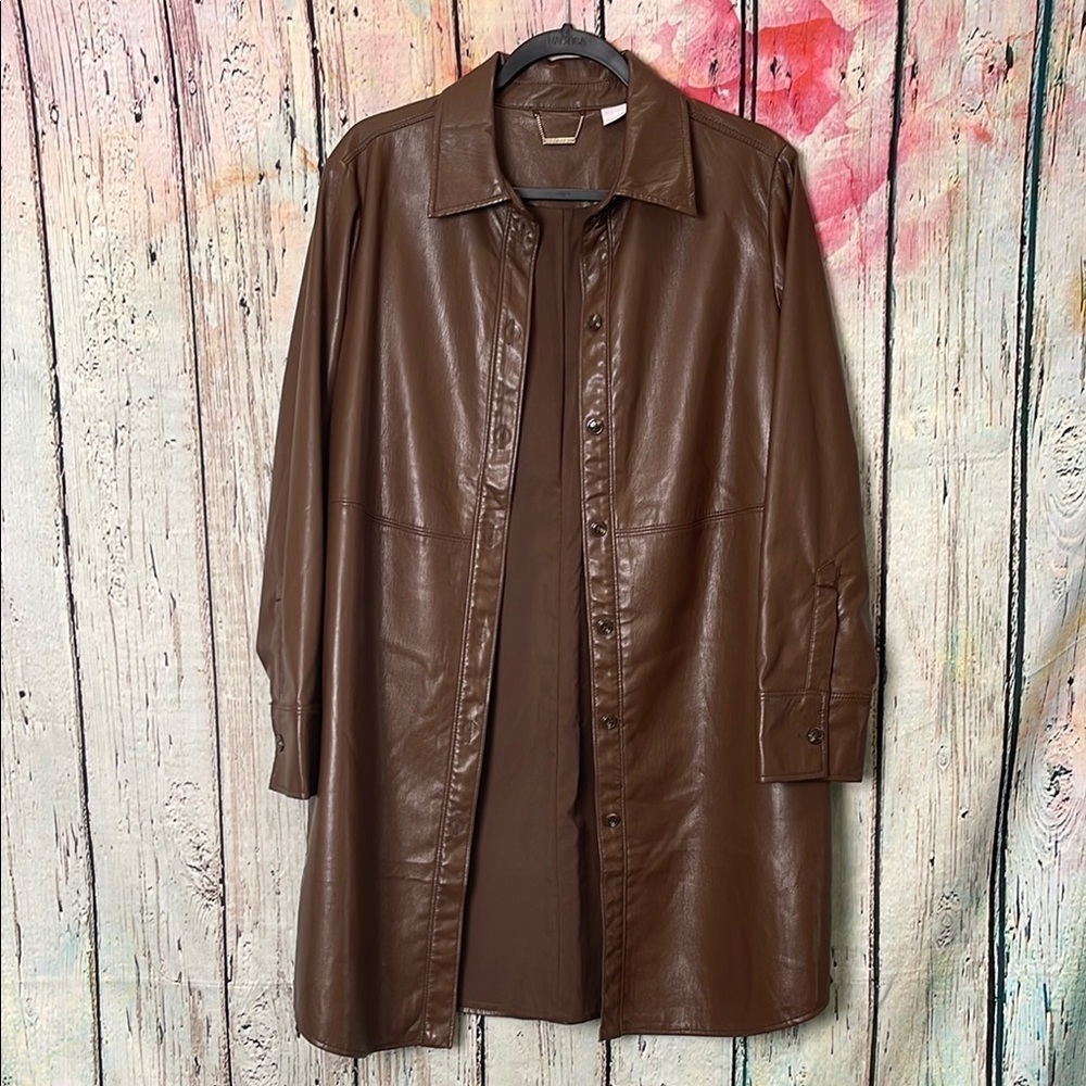 Chicos Mill Chocolate Brown Faux Leather Shacket Jacket Shirt Dress M/L (size 1)
